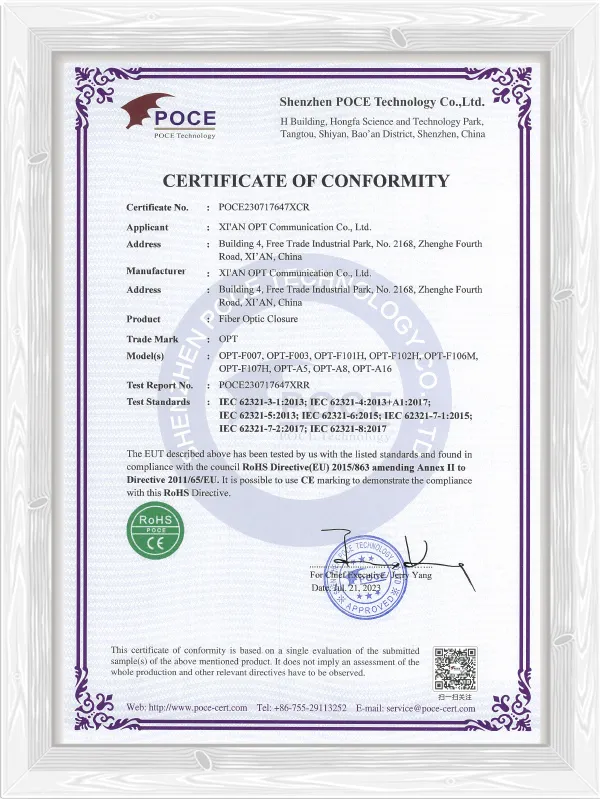 Fiber Optic Closure RoHS Certificate