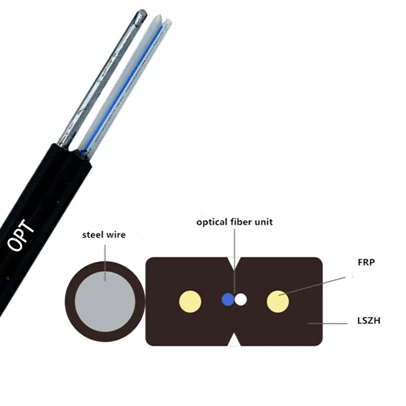 Optical drop cable FTTH 1 cores G657 2FRP and steel wire 1.0mm，GJYXFCH OPT-FTTHS1-1