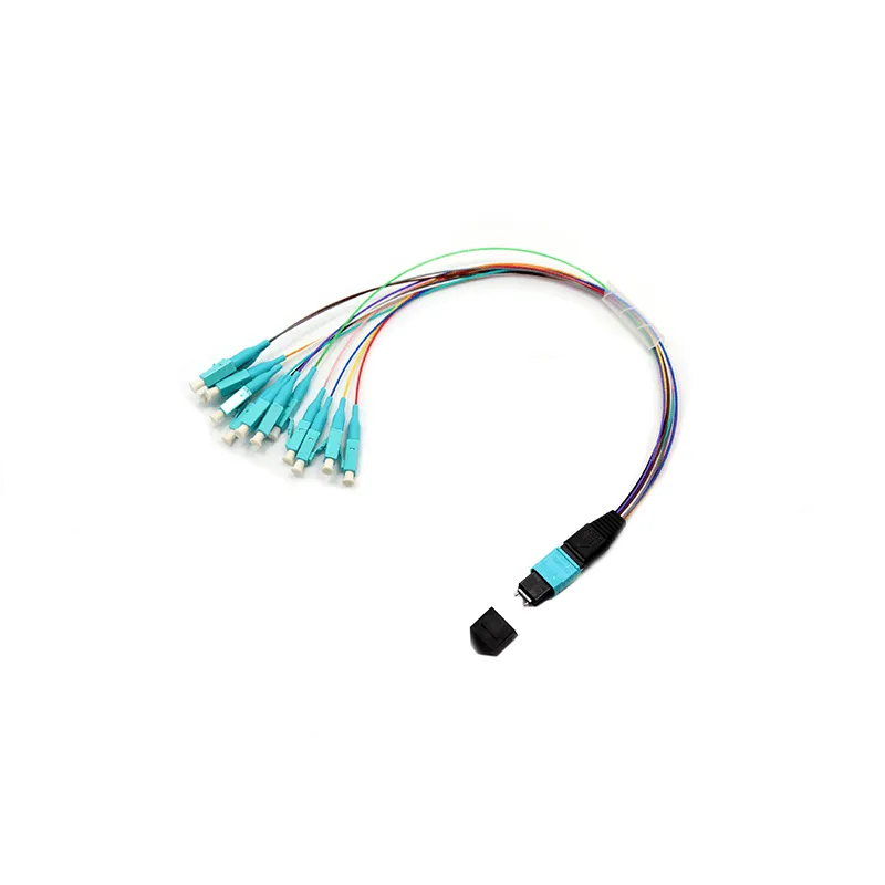 MPO 0.9mm Fan-out patch cable ,MPO-12 UPC (Female) to 12 LC UPC Simplex, 12 Fibers, Multimode (OM3), LSZH, 0.35dB Max,Aqua