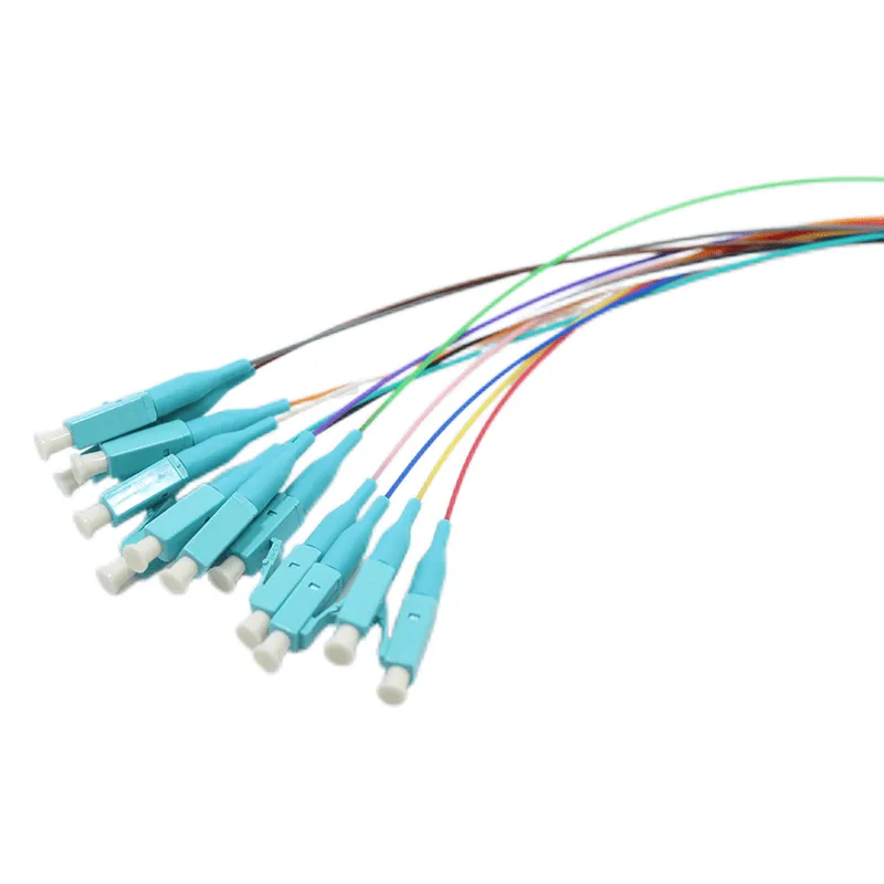 MPO 0.9mm Fan-out patch cable ,MPO-12 UPC (Female) to 12 LC UPC Simplex, 12 Fibers, Multimode (OM3), LSZH, 0.35dB Max,Aqua-02