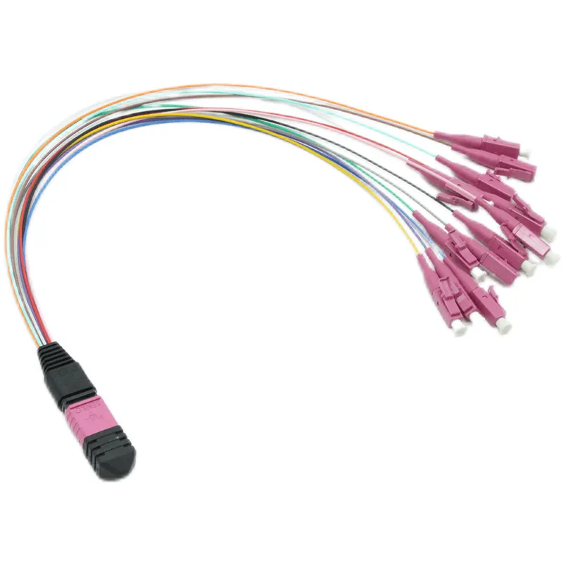 MPO 0.9mm Fan-out patch cable ,MPO-12 UPC (Female) to 12 LC UPC Simplex, 12 Fibers, Multimode (OM4), LSZH, 0.35dB Max,Magenta