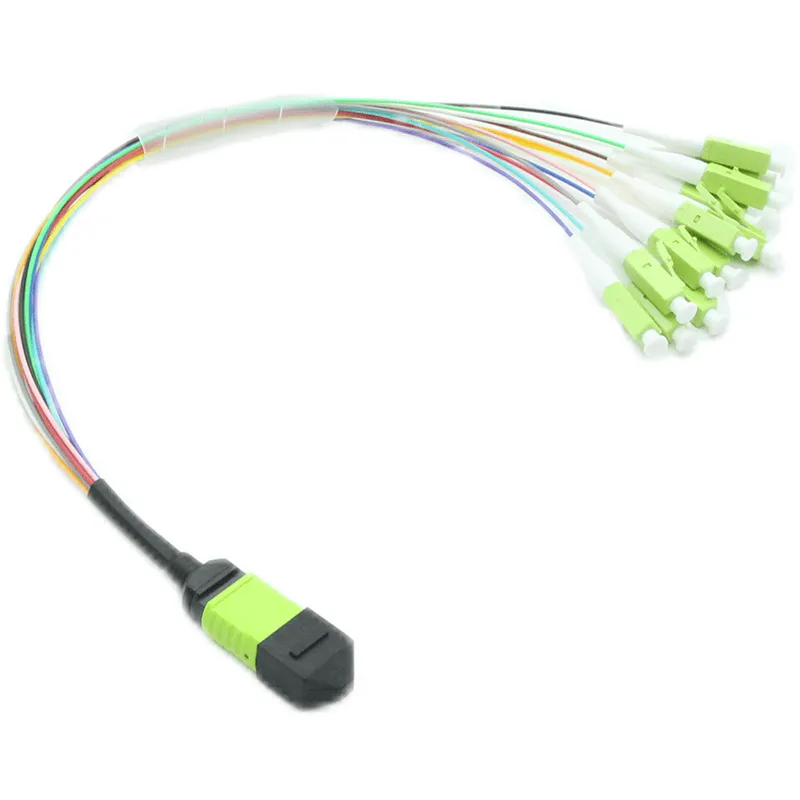 MPO 0.9mm Fan-out patch cable ,MPO-12 UPC (Female) to 12 LC UPC Simplex, 12 Fibers, Multimode (OM5), LSZH, 0.35dB Max, Lime Green