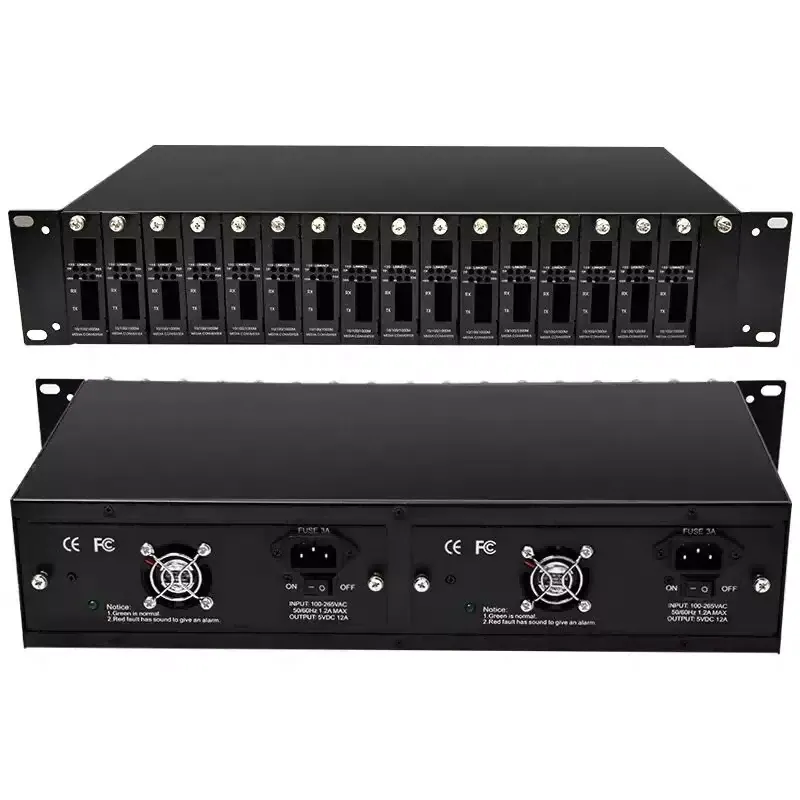 14 Slots Media Converter Chassis, 19'' 2U Rack Mount, Dual Power AC 220V